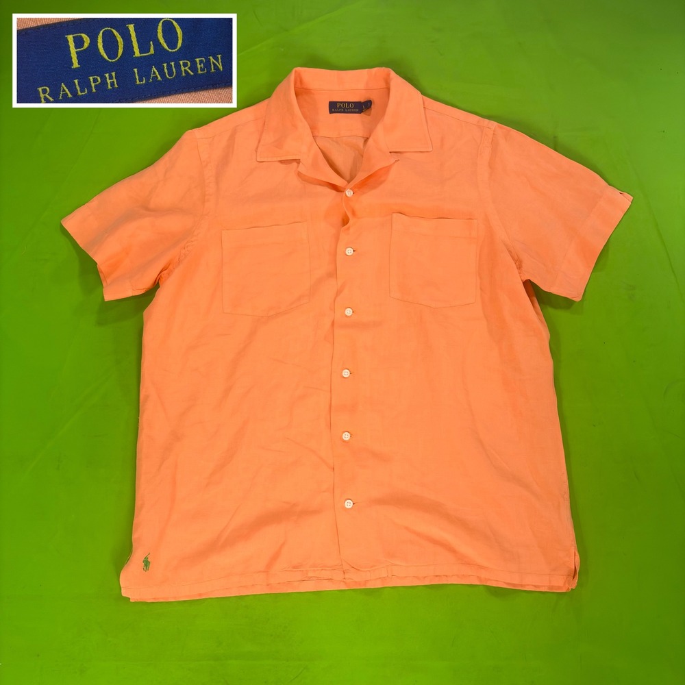 Polo Ralph Lauren Caldwell-Style Linen/Silk Camp Shirt Mens L Orange Pony Logo